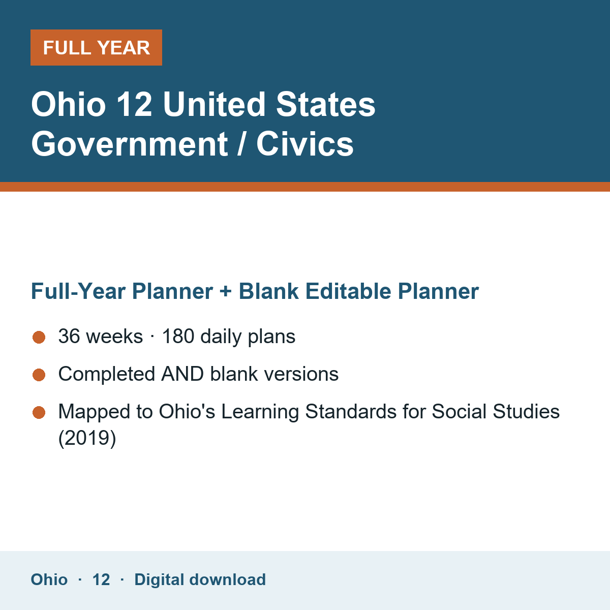 Cover of the Ohio Grade 12 United States Government / Civics full-year teacher planner