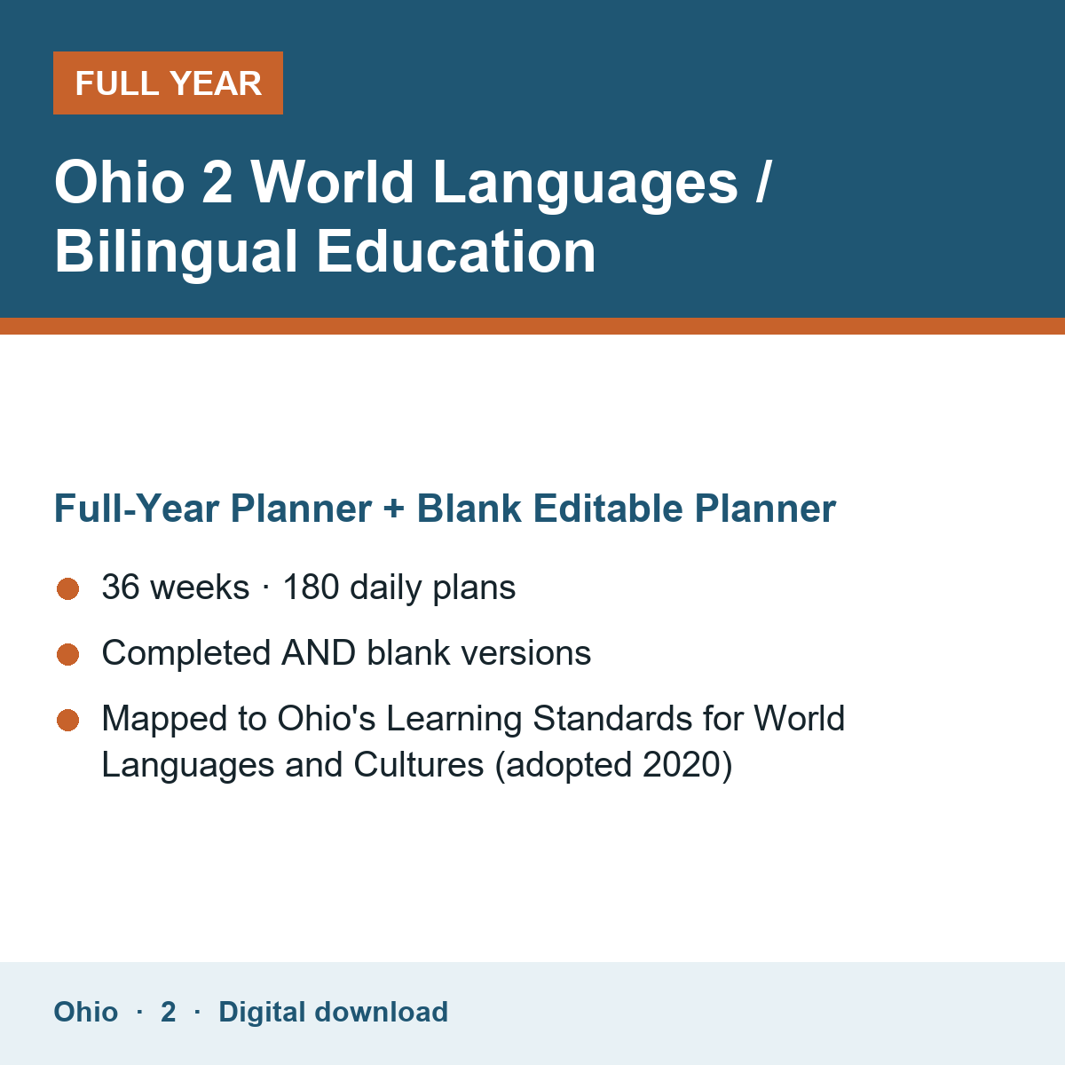 Cover of the Ohio Grade 2 World Languages / Bilingual Education full-year teacher planner