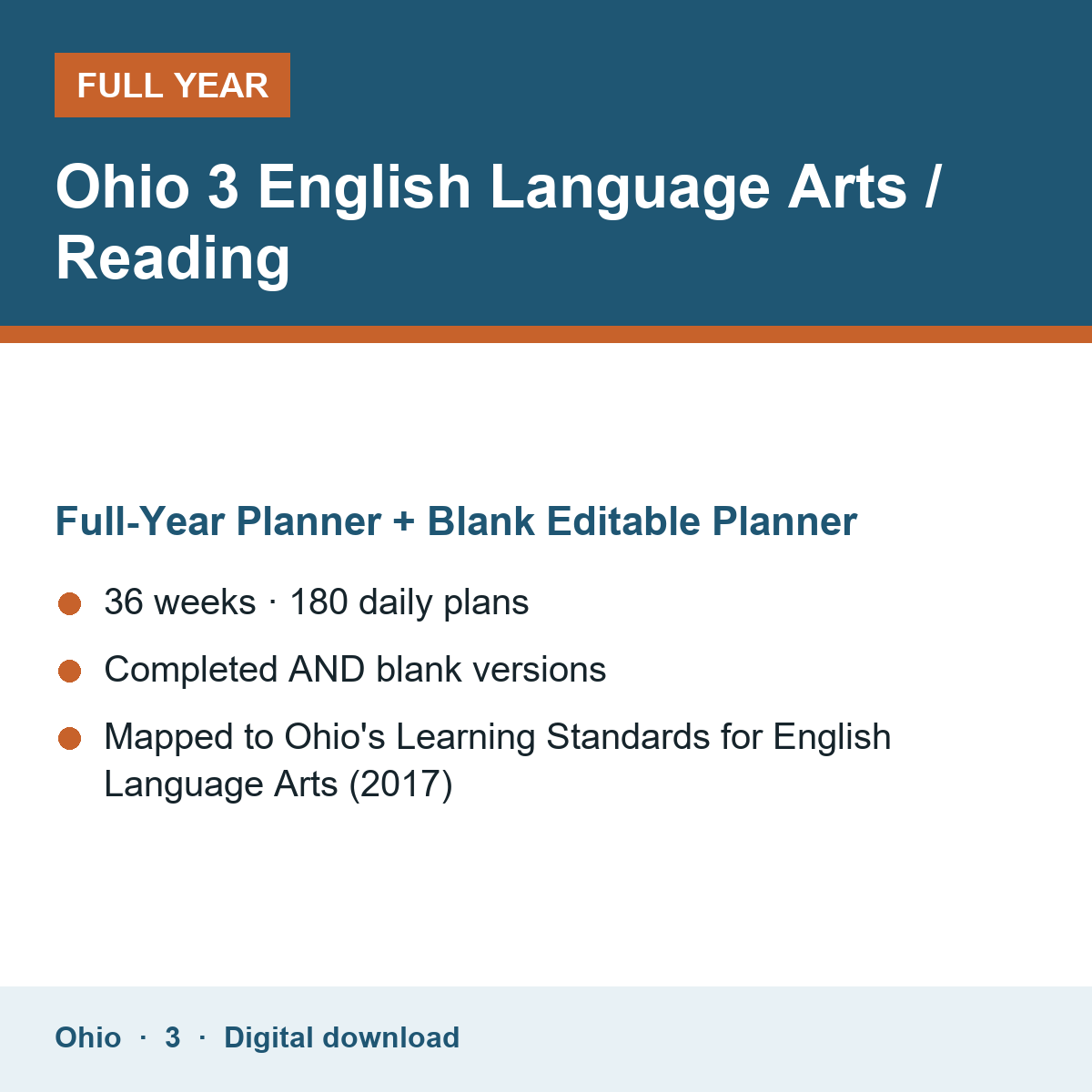 Cover of the Ohio Grade 3 English Language Arts / Reading full-year teacher planner