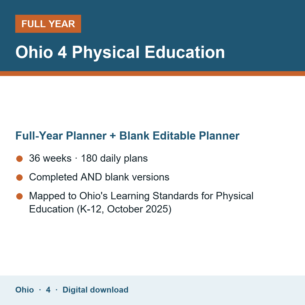 Cover of the Ohio Grade 4 Physical Education full-year teacher planner