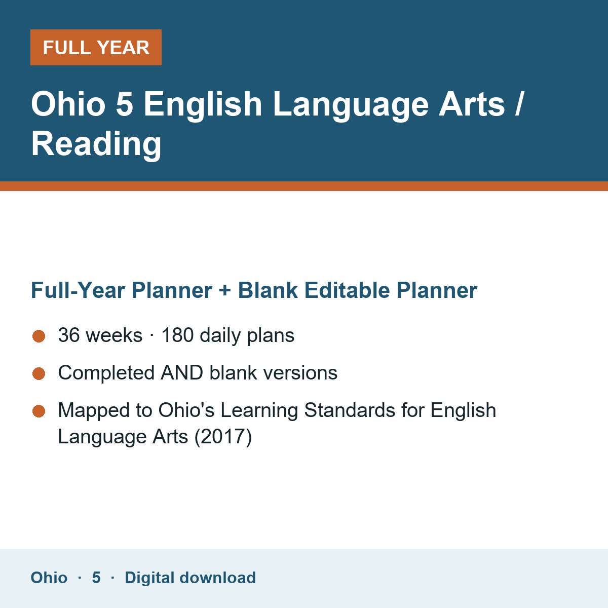 Cover of the Ohio Grade 5 English Language Arts / Reading full-year teacher planner