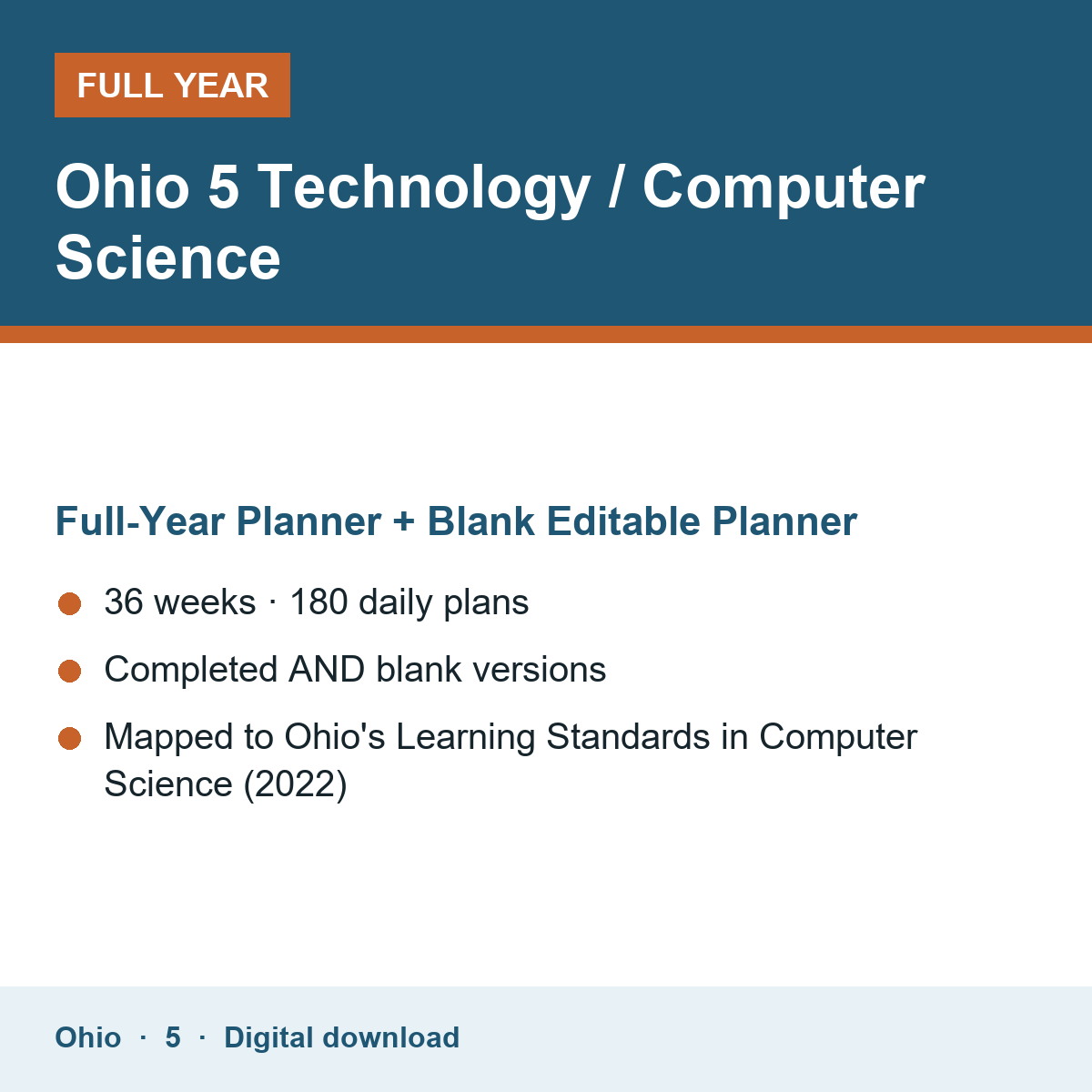 Cover of the Ohio Grade 5 Technology / Computer Science full-year teacher planner