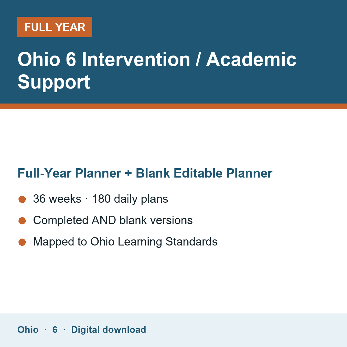 Cover of the Ohio Grade 6 Intervention / Academic Support full-year teacher planner