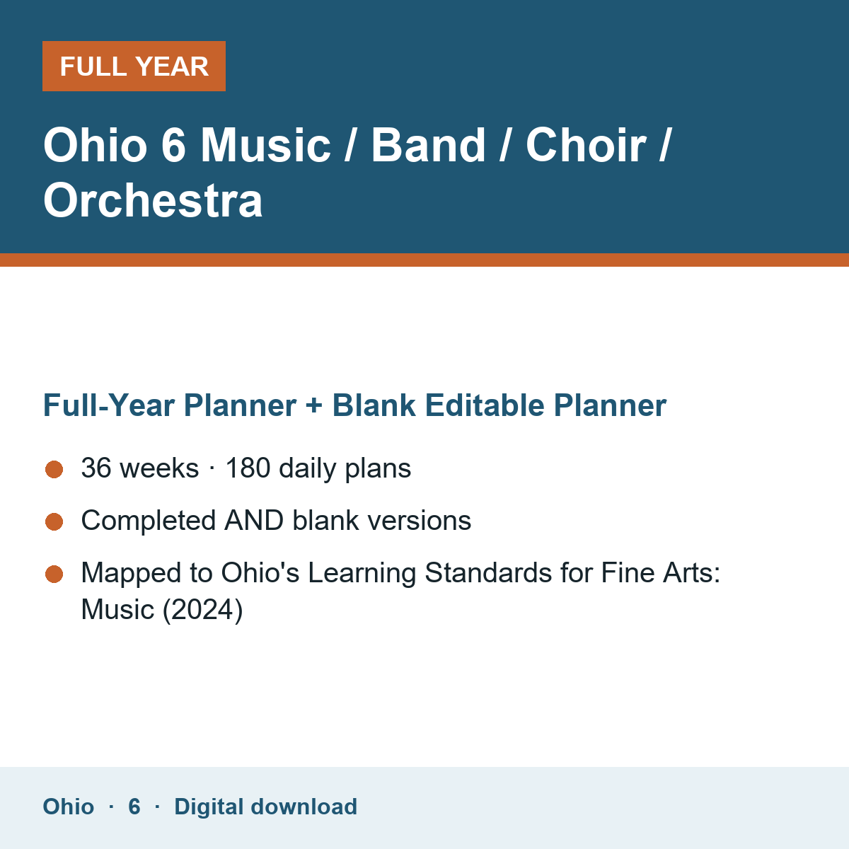 Cover of the Ohio Grade 6 Music / Band / Choir / Orchestra full-year teacher planner