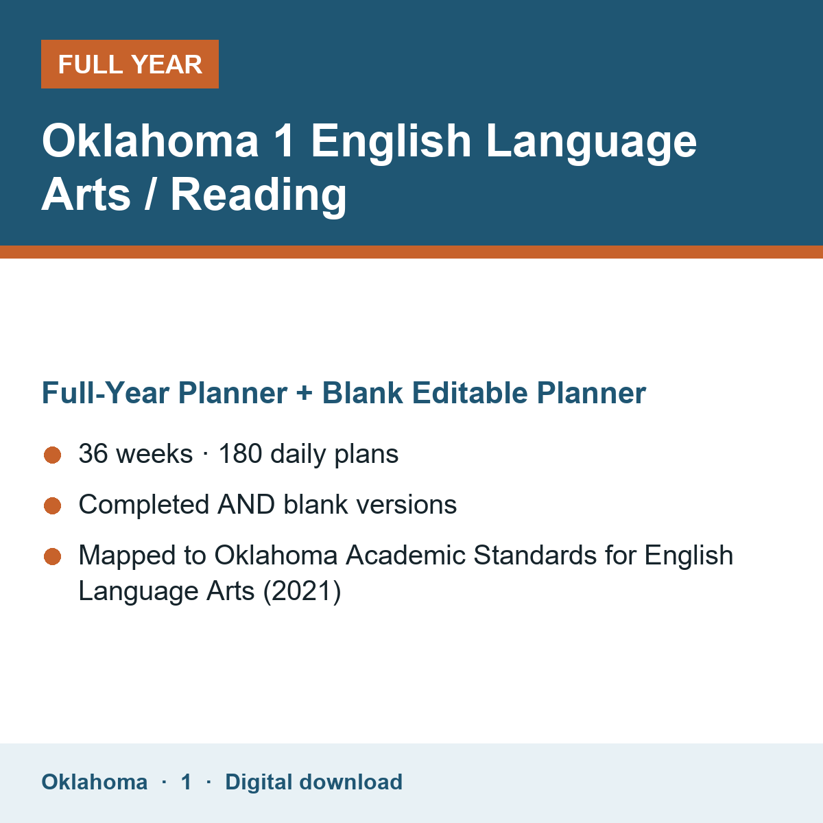 Cover of the Oklahoma Grade 1 English Language Arts / Reading full-year teacher planner