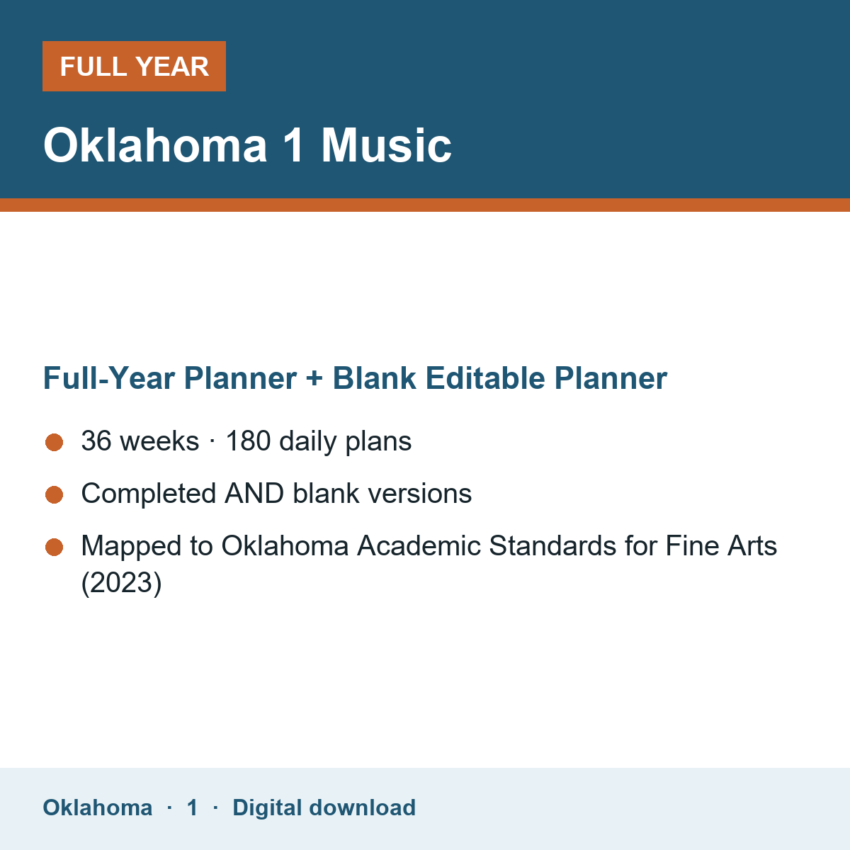 Cover of the Oklahoma Grade 1 Music full-year teacher planner