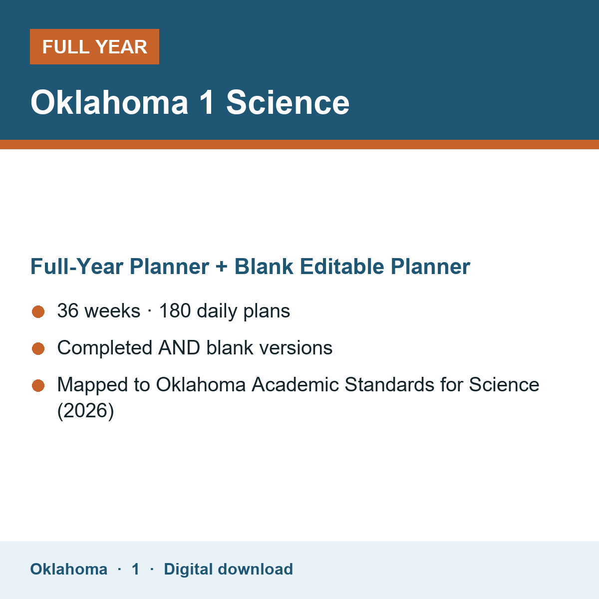 Cover of the Oklahoma Grade 1 Science full-year teacher planner