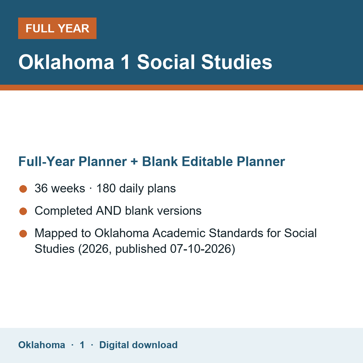 Cover of the Oklahoma Grade 1 Social Studies full-year teacher planner