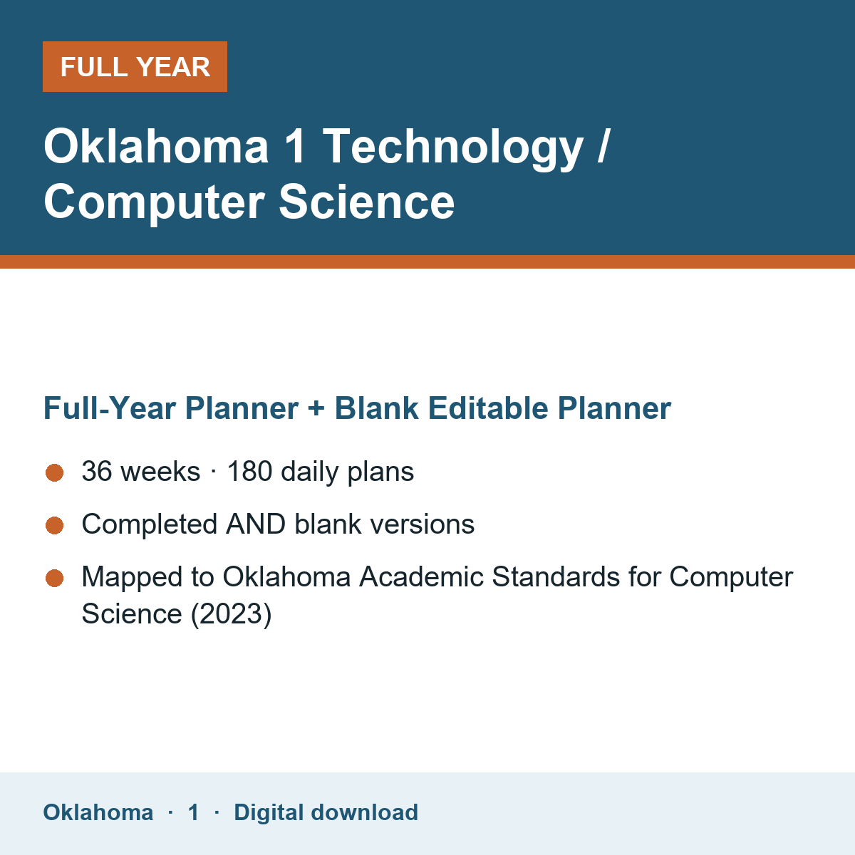 Cover of the Oklahoma Grade 1 Technology / Computer Science full-year teacher planner