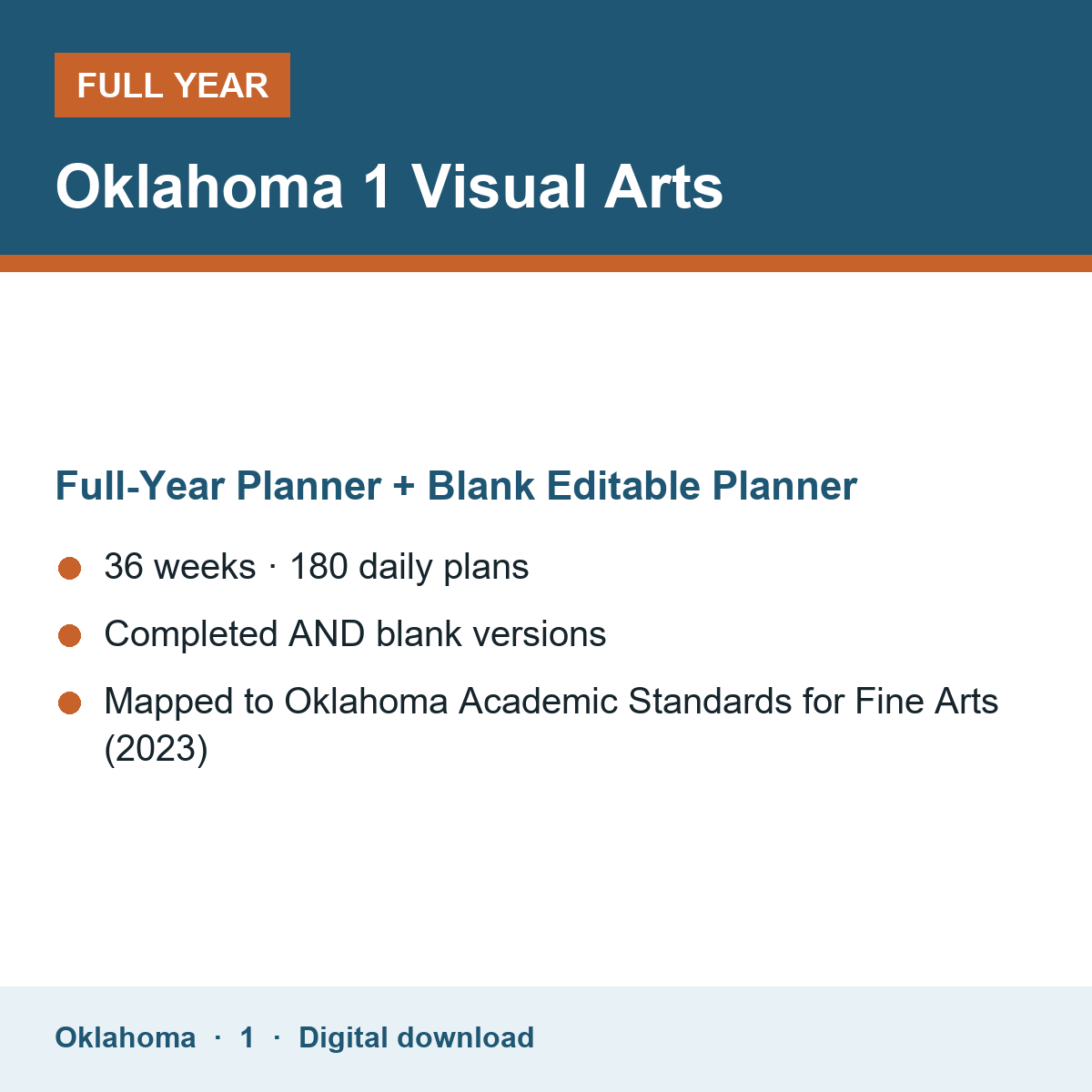 Cover of the Oklahoma Grade 1 Visual Arts full-year teacher planner