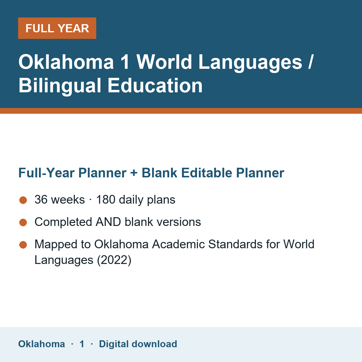 Cover of the Oklahoma Grade 1 World Languages / Bilingual Education full-year teacher planner