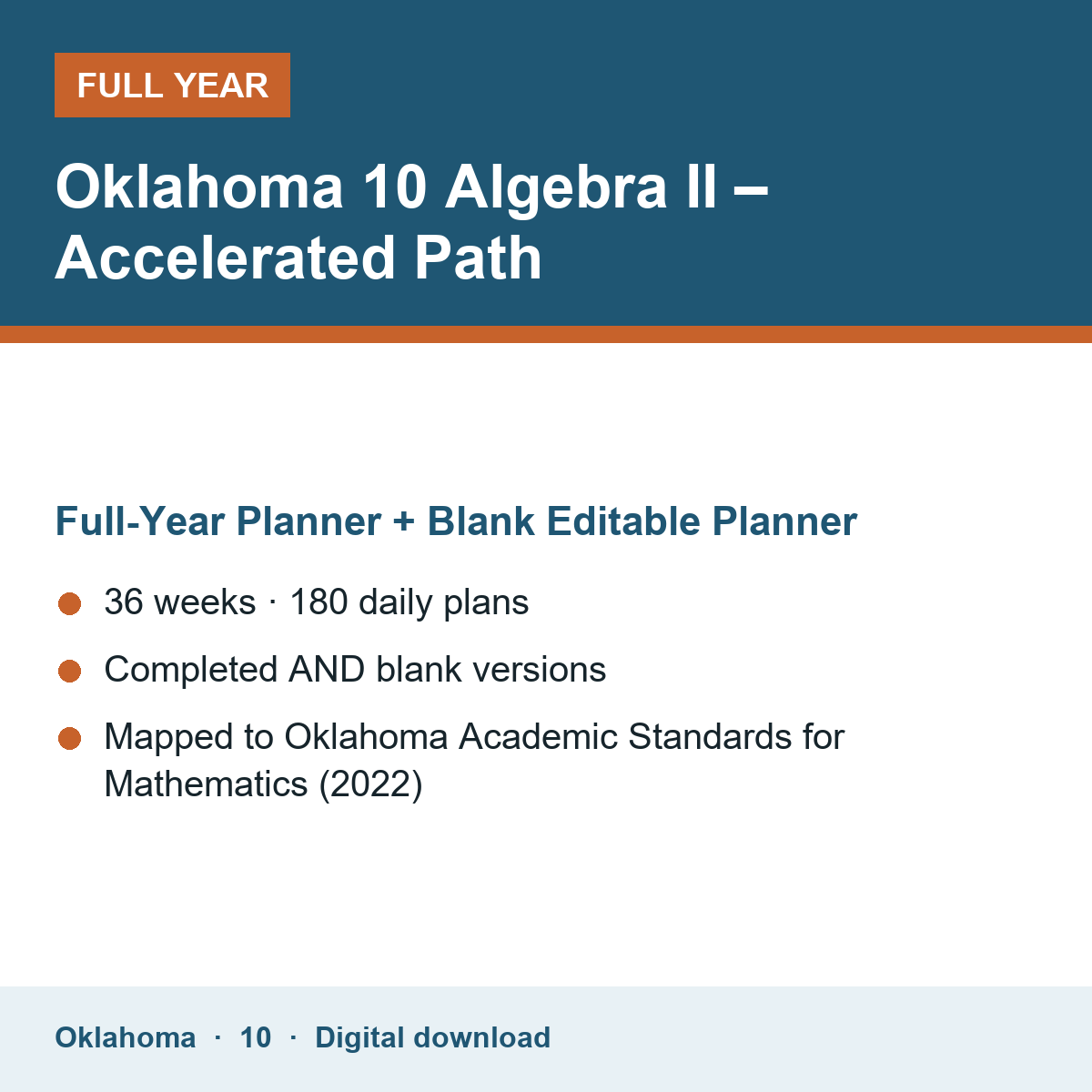 Cover of the Oklahoma Grade 10 Algebra II – Accelerated Path full-year teacher planner