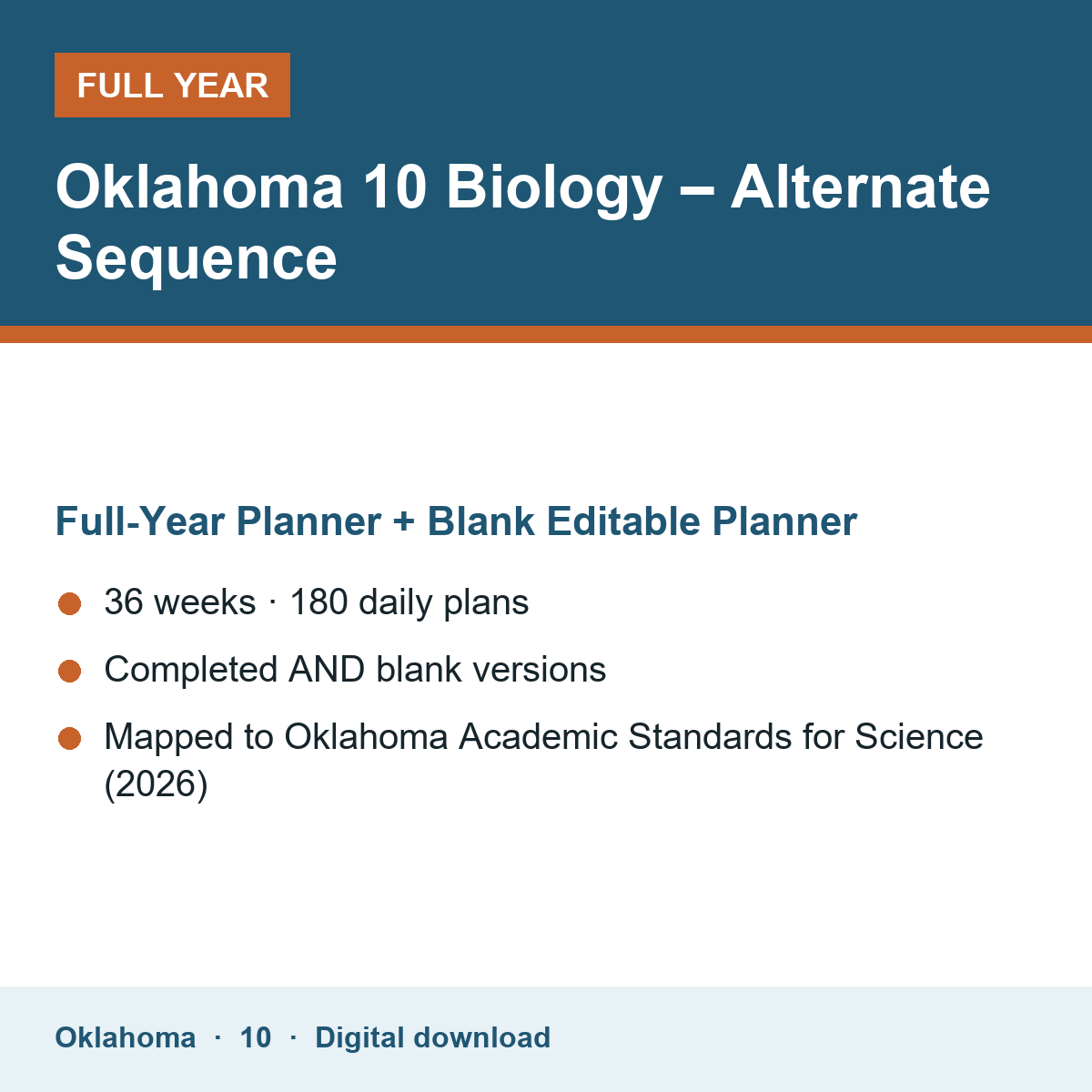 Cover of the Oklahoma Grade 10 Biology – Alternate Sequence full-year teacher planner