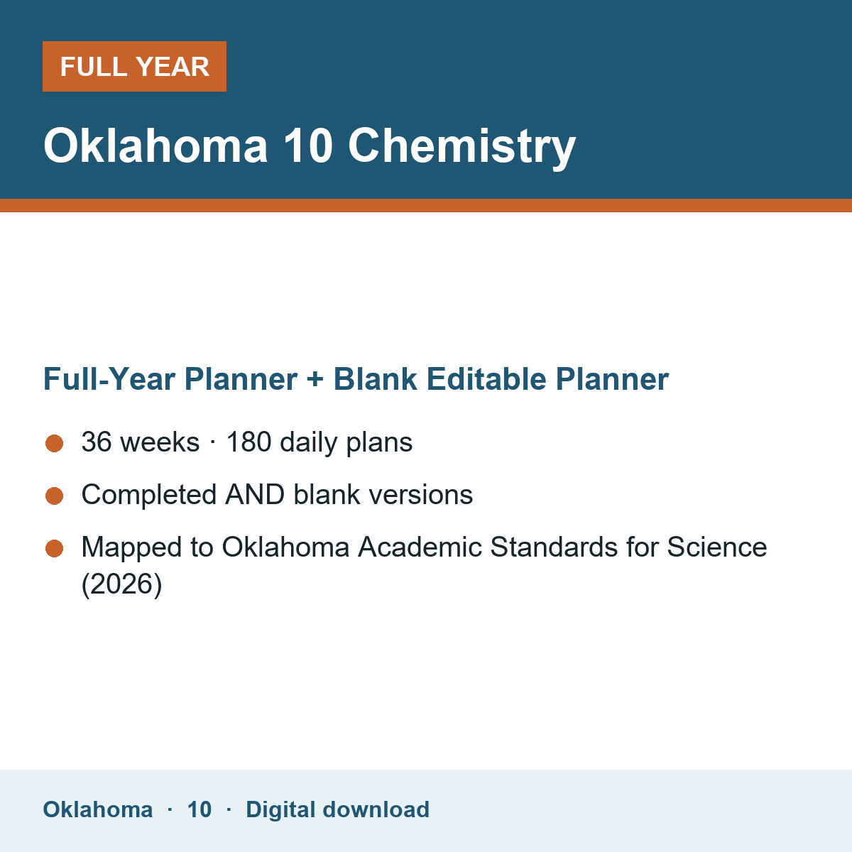 Cover of the Oklahoma Grade 10 Chemistry full-year teacher planner