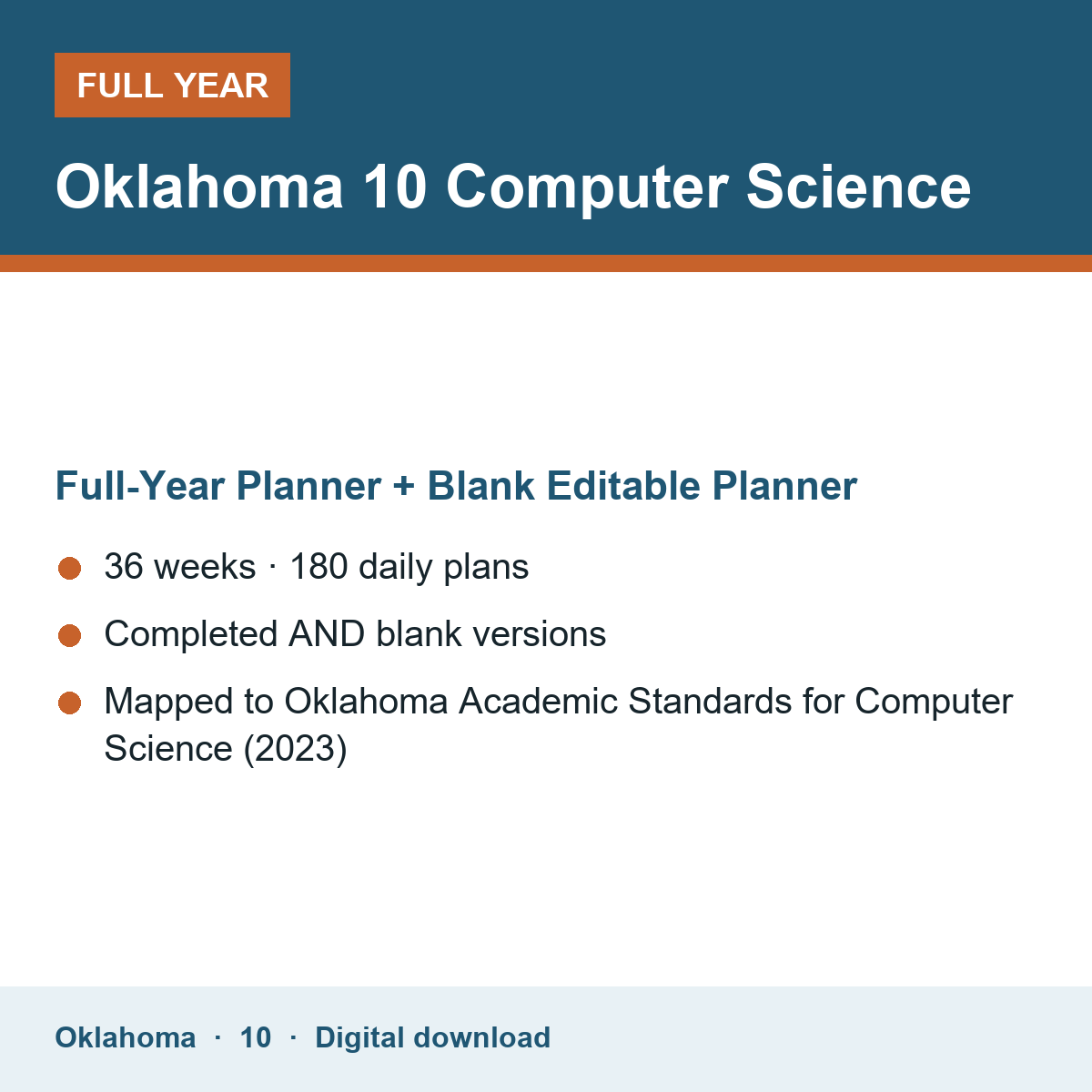 Cover of the Oklahoma Grade 10 Computer Science full-year teacher planner