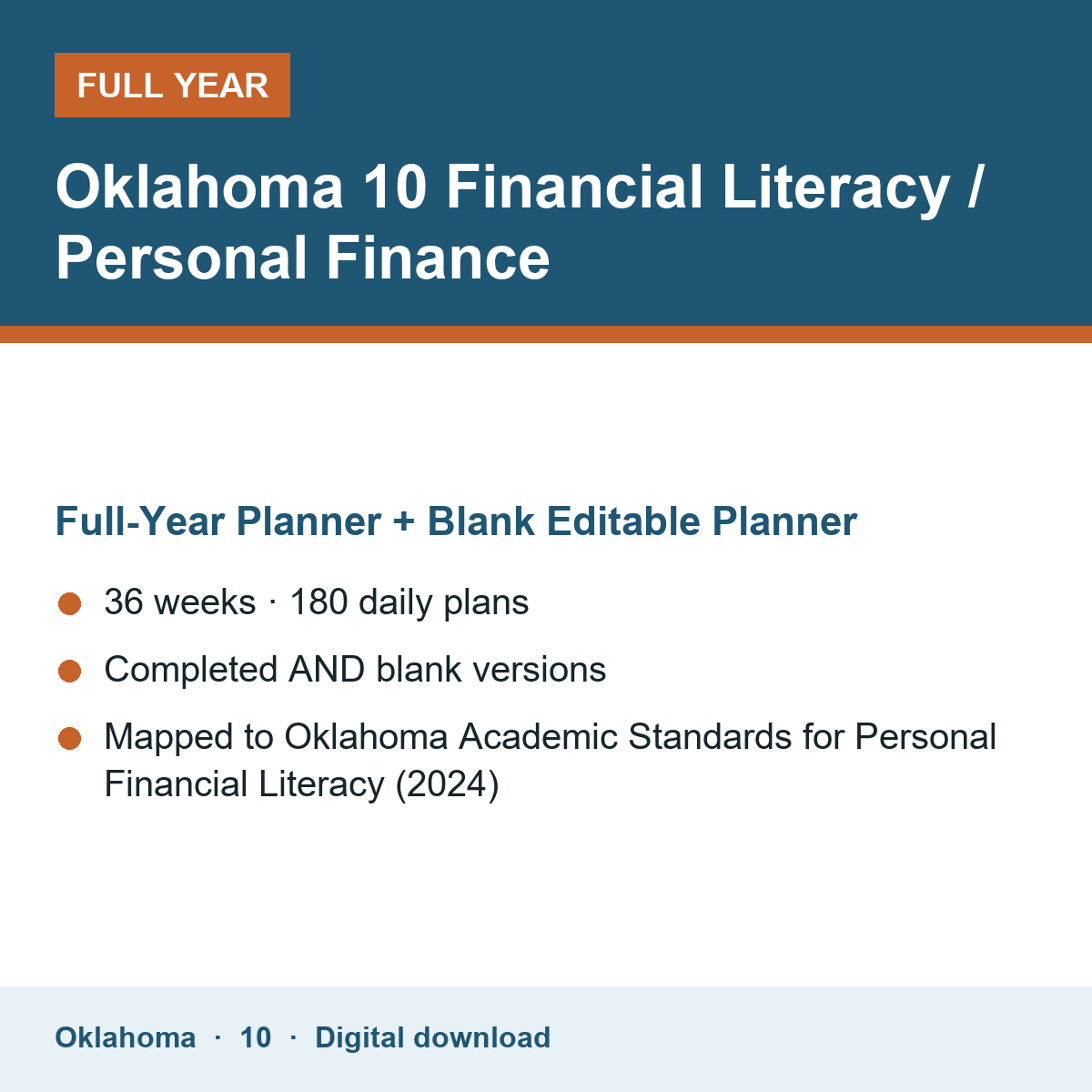 Cover of the Oklahoma Grade 10 Financial Literacy / Personal Finance full-year teacher planner