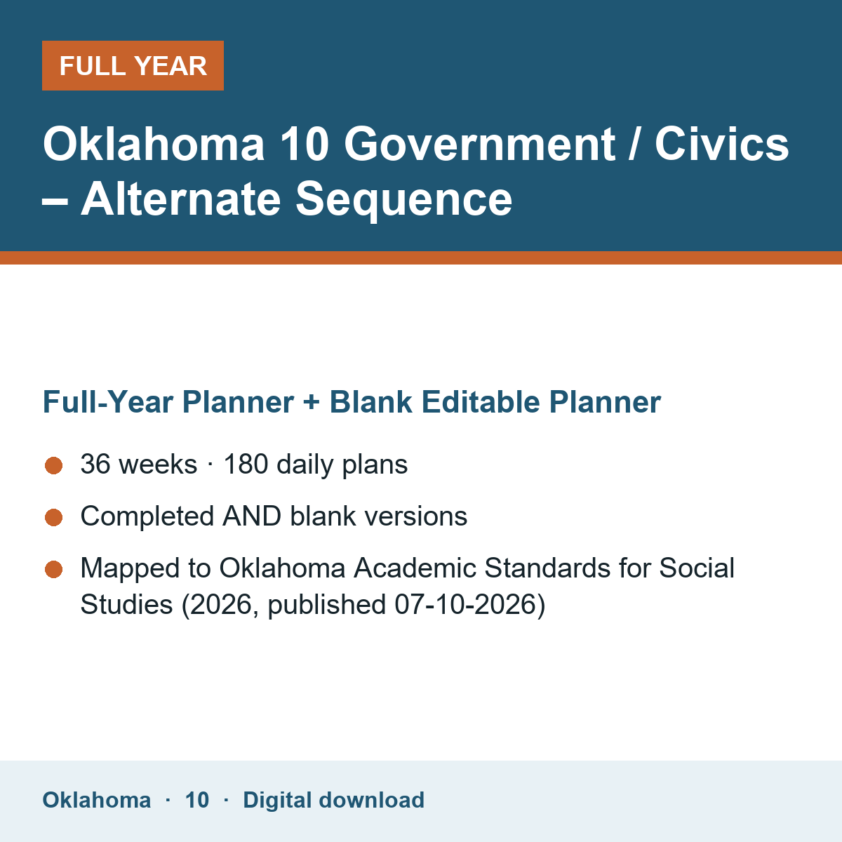 Cover of the Oklahoma Grade 10 Government / Civics – Alternate Sequence full-year teacher planner