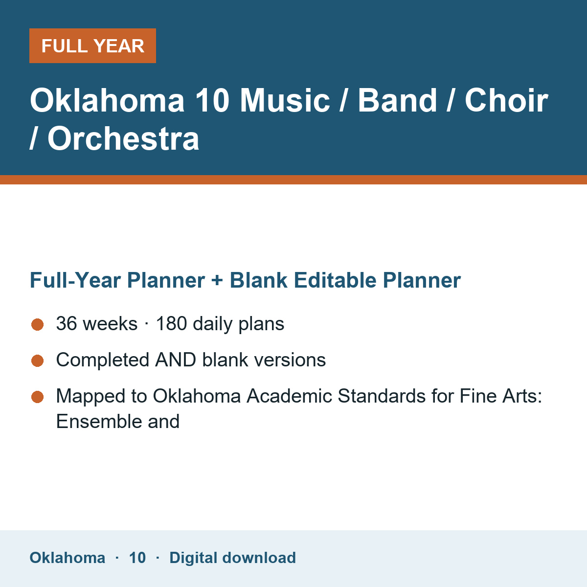 Cover of the Oklahoma Grade 10 Music / Band / Choir / Orchestra full-year teacher planner