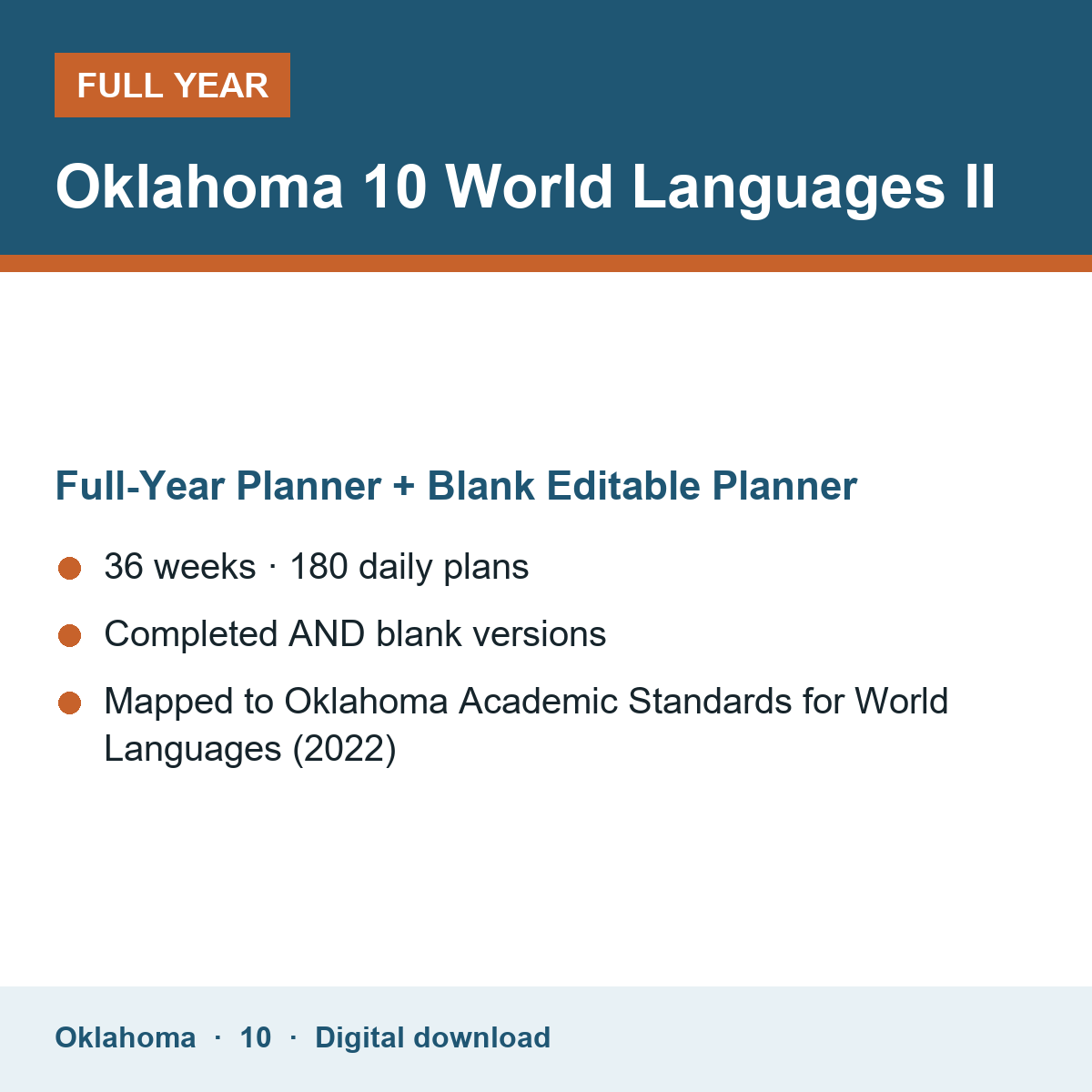 Cover of the Oklahoma Grade 10 World Languages II full-year teacher planner