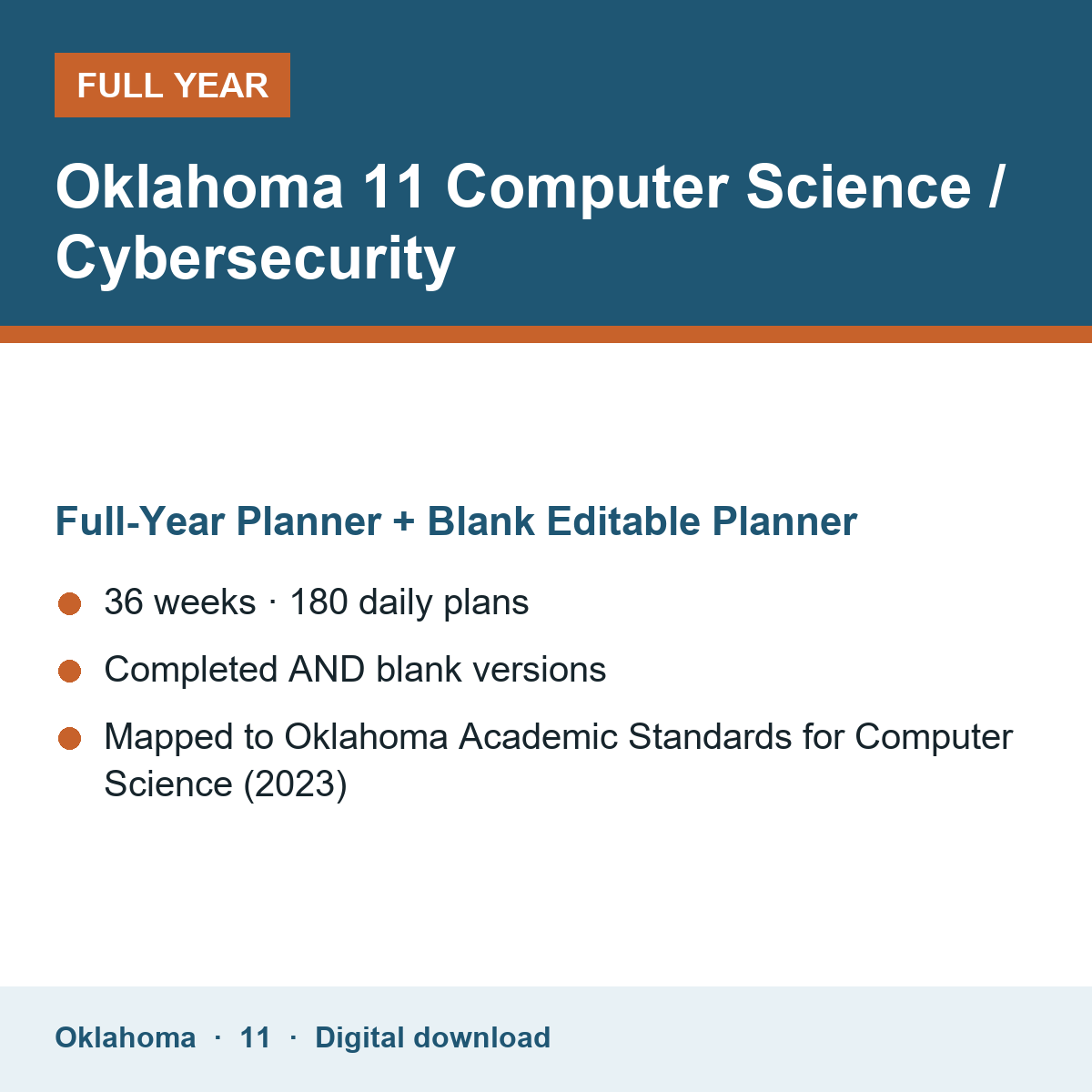 Cover of the Oklahoma Grade 11 Computer Science / Cybersecurity full-year teacher planner