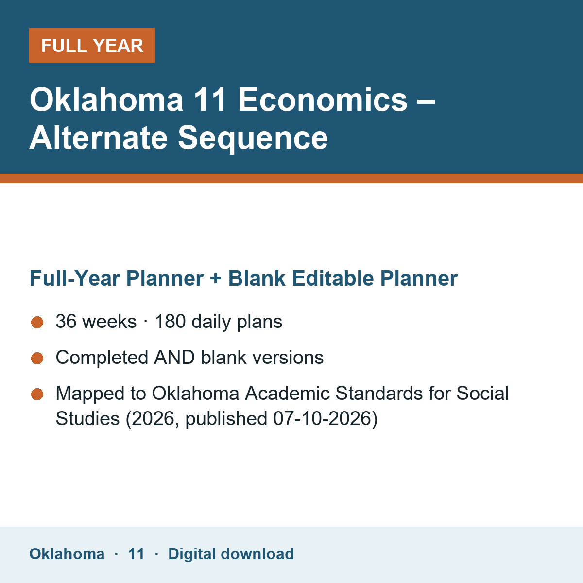Cover of the Oklahoma Grade 11 Economics – Alternate Sequence full-year teacher planner