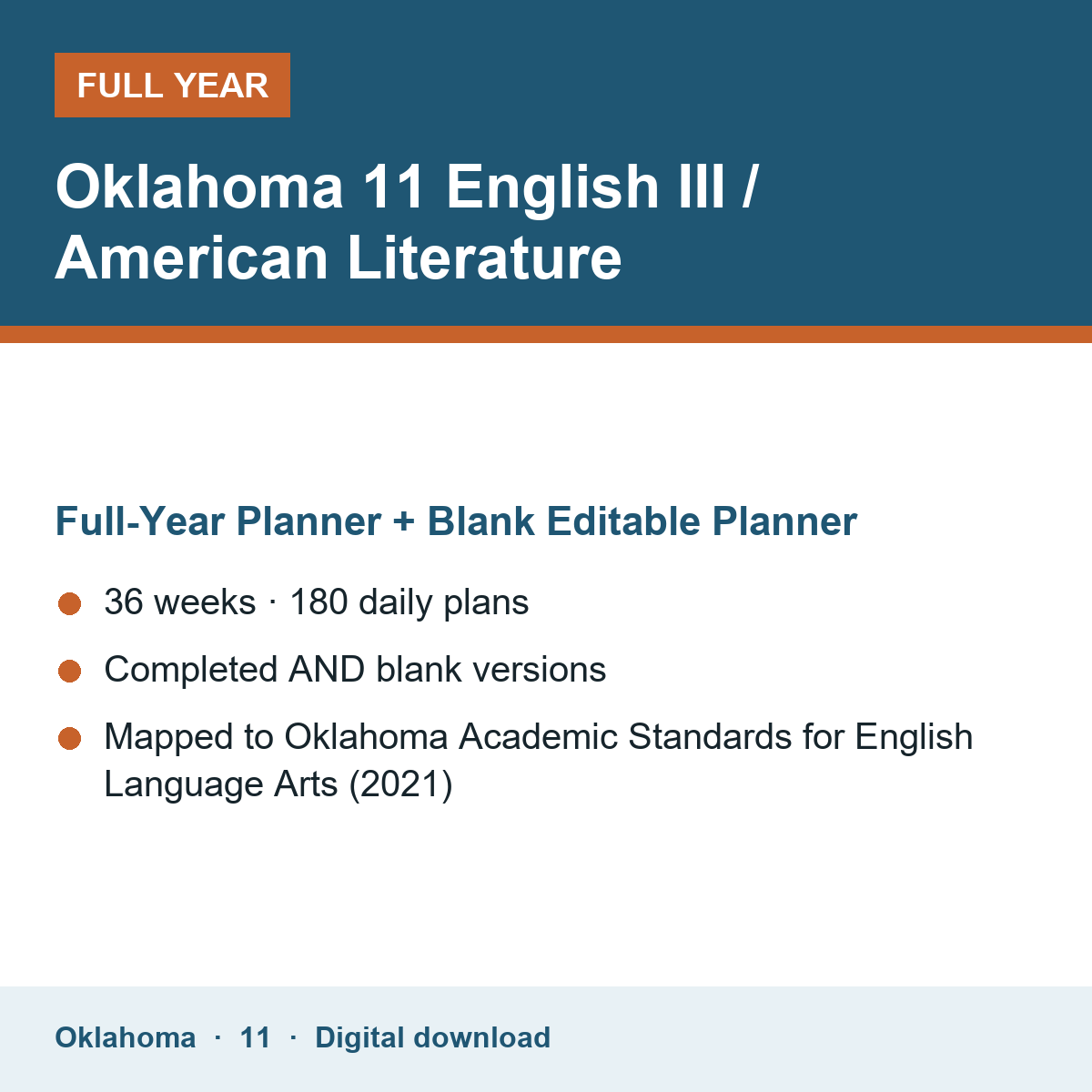 Cover of the Oklahoma Grade 11 English III / American Literature full-year teacher planner