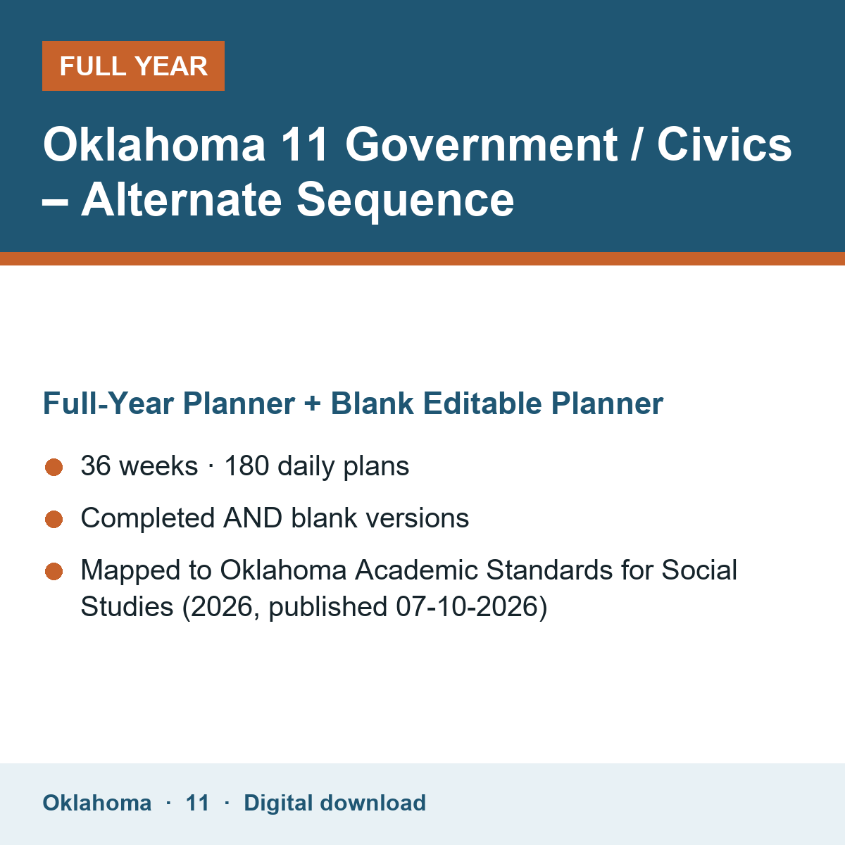 Cover of the Oklahoma Grade 11 Government / Civics – Alternate Sequence full-year teacher planner