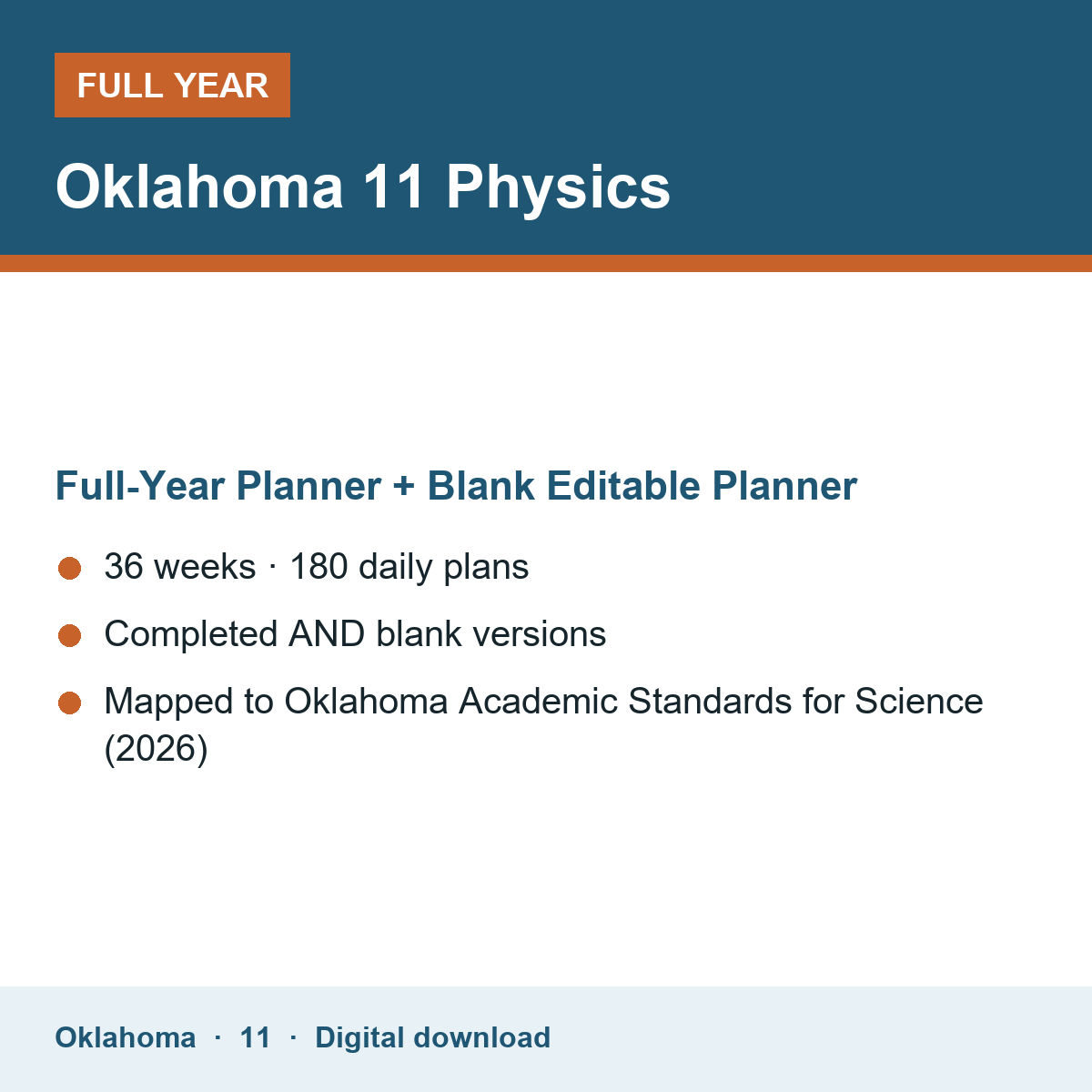 Cover of the Oklahoma Grade 11 Physics full-year teacher planner