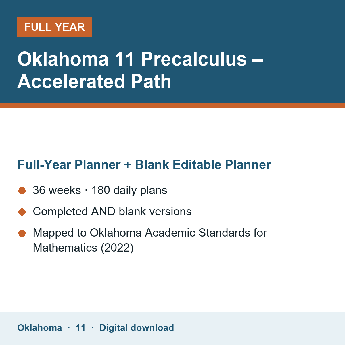 Cover of the Oklahoma Grade 11 Precalculus – Accelerated Path full-year teacher planner