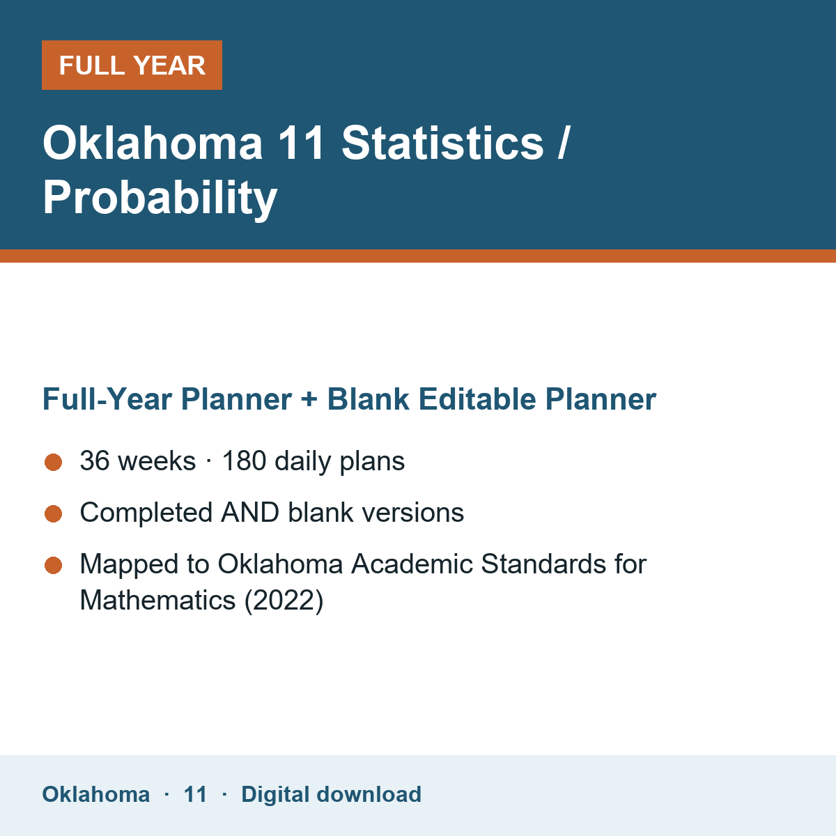 Cover of the Oklahoma Grade 11 Statistics / Probability full-year teacher planner