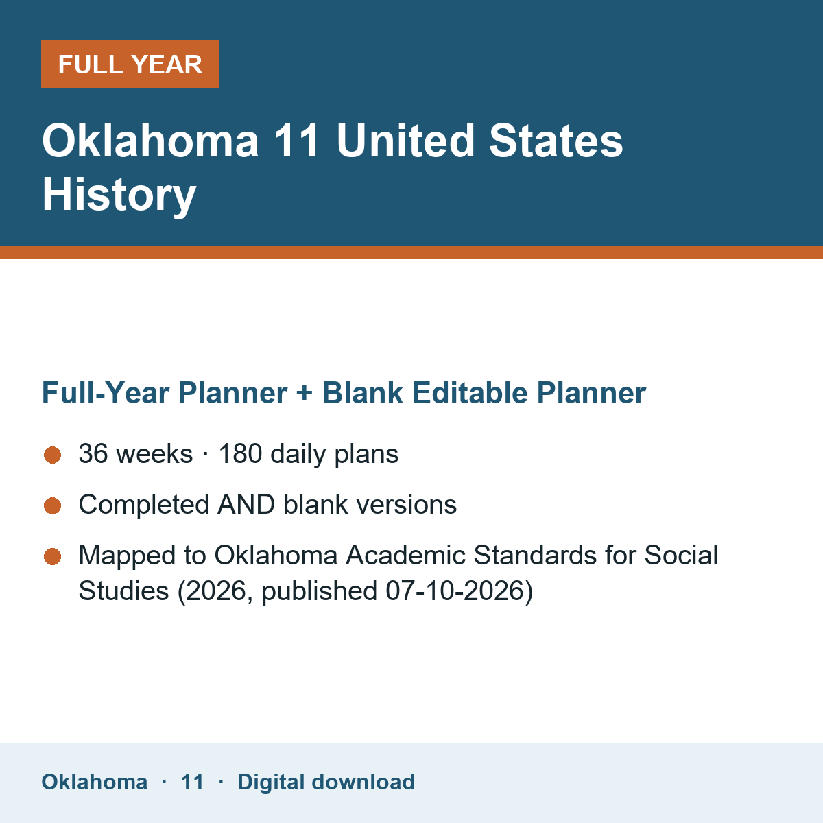 Cover of the Oklahoma Grade 11 United States History full-year teacher planner