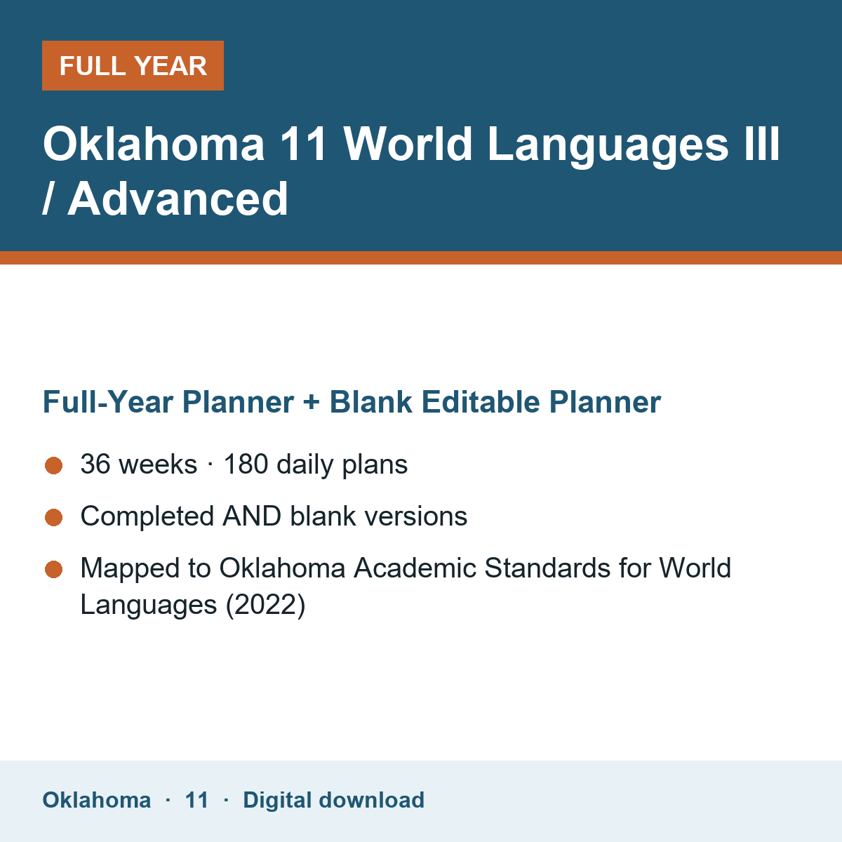 Cover of the Oklahoma Grade 11 World Languages III / Advanced full-year teacher planner