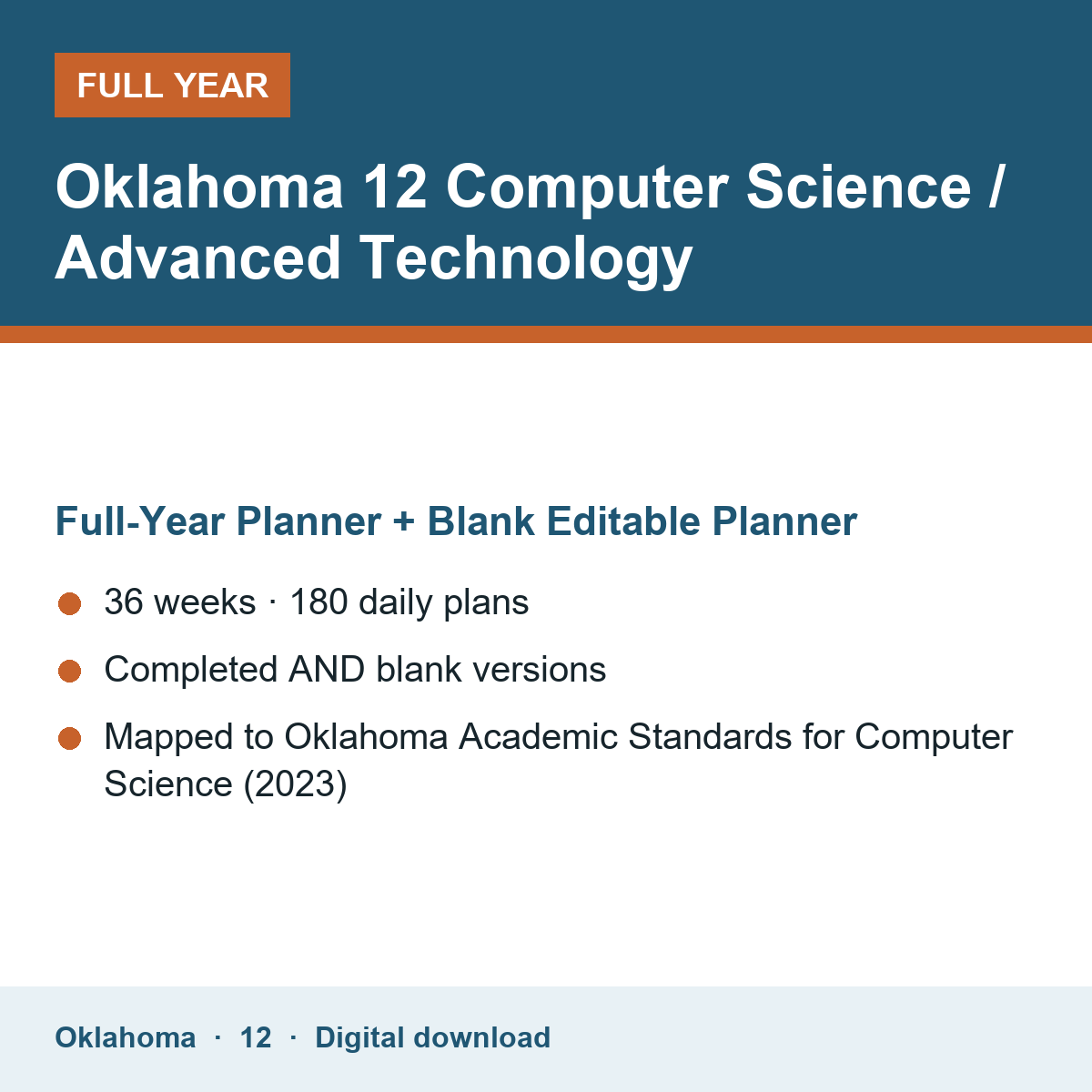 Cover of the Oklahoma Grade 12 Computer Science / Advanced Technology full-year teacher planner