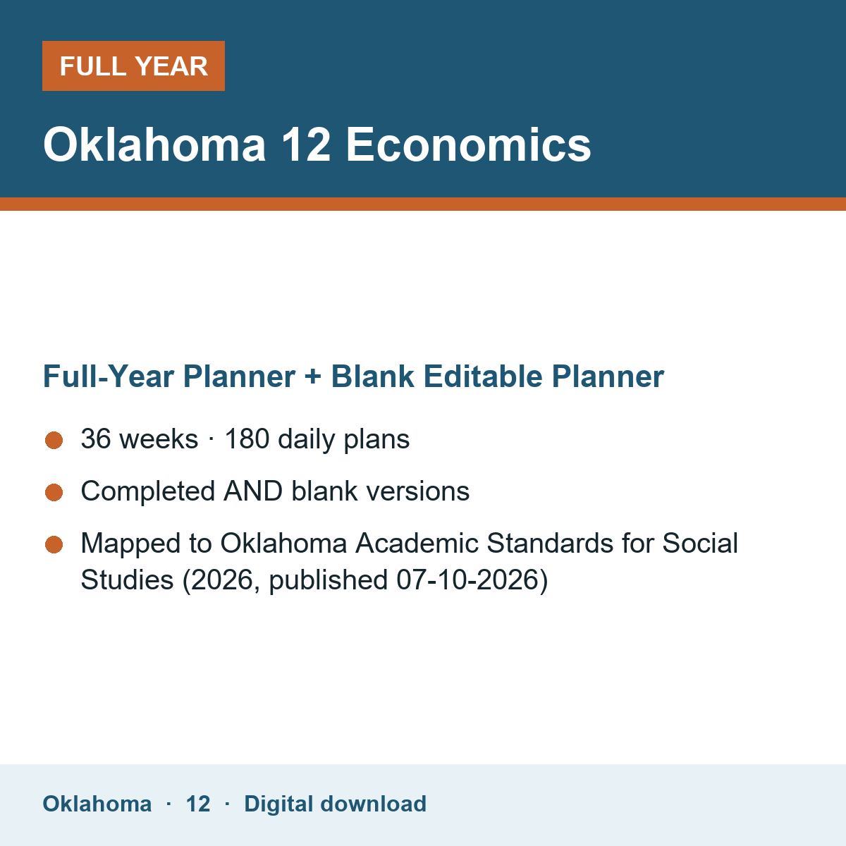 Cover of the Oklahoma Grade 12 Economics full-year teacher planner