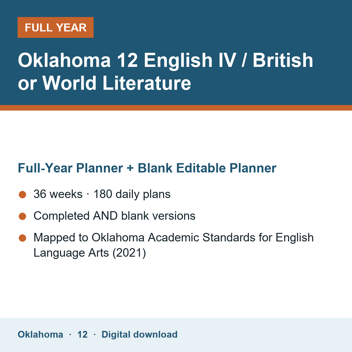 Cover of the Oklahoma Grade 12 English IV / British or World Literature full-year teacher planner