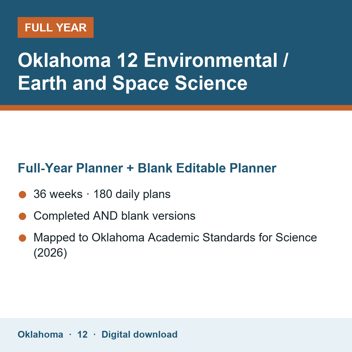 Cover of the Oklahoma Grade 12 Environmental / Earth and Space Science full-year teacher planner