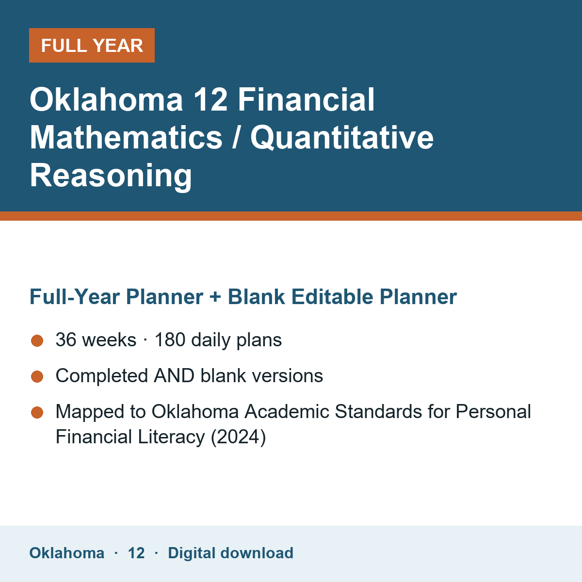 Cover of the Oklahoma Grade 12 Financial Mathematics / Quantitative Reasoning full-year teacher planner