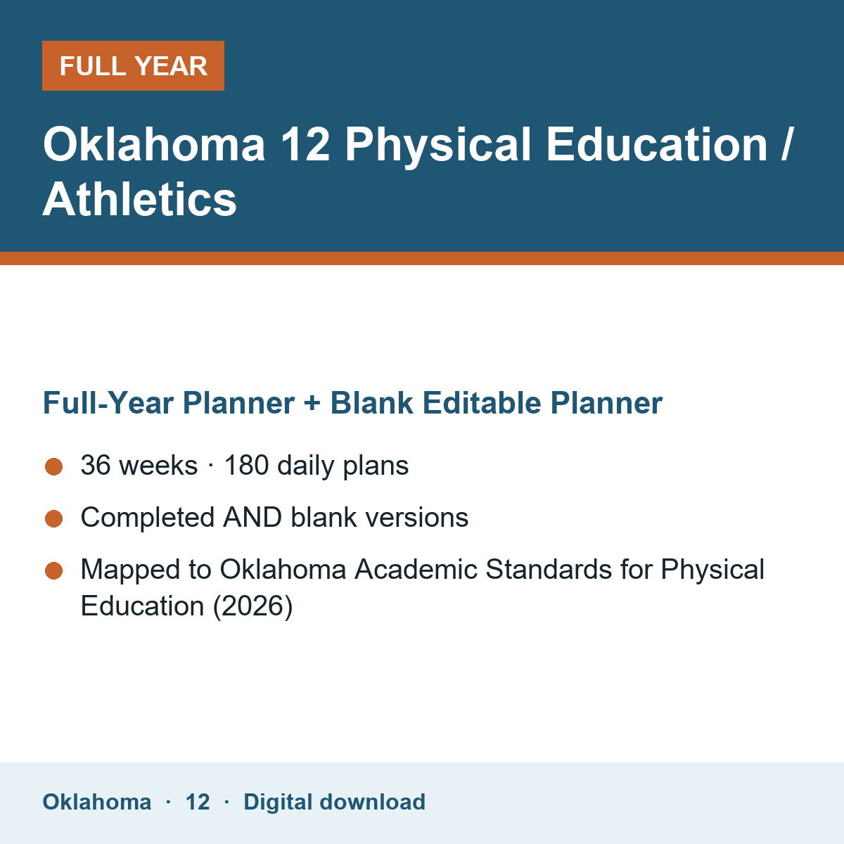 Cover of the Oklahoma Grade 12 Physical Education / Athletics full-year teacher planner