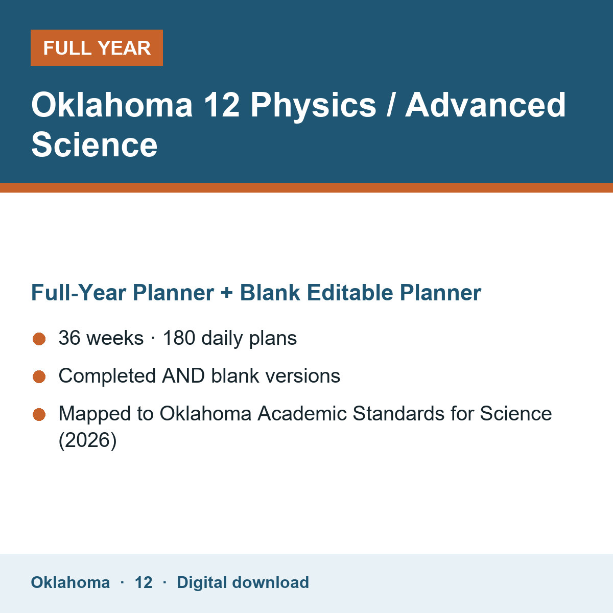 Cover of the Oklahoma Grade 12 Physics / Advanced Science full-year teacher planner