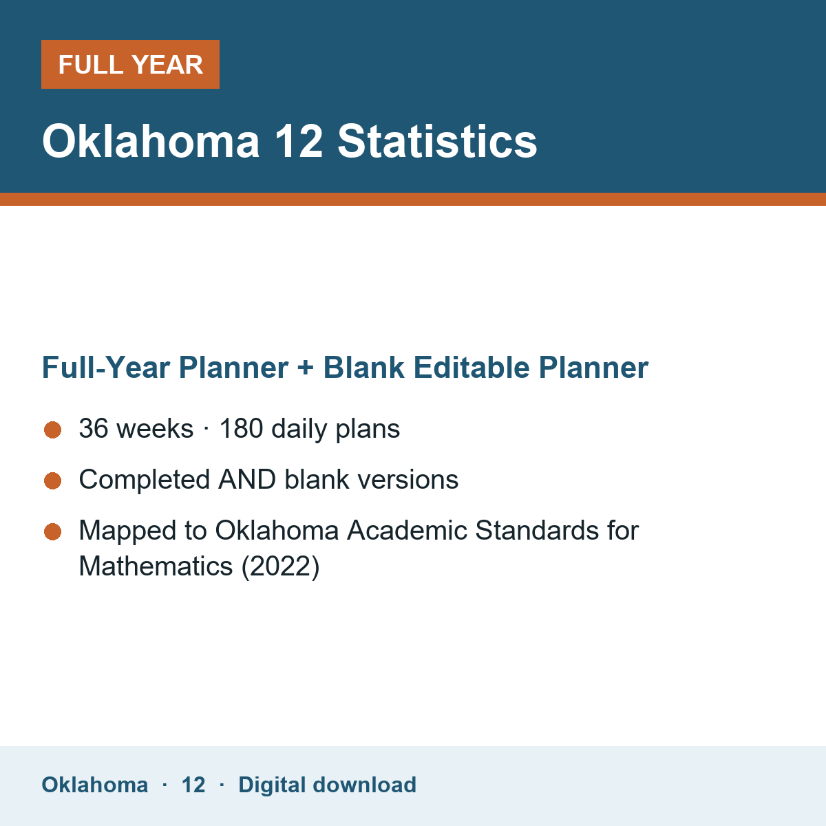 Cover of the Oklahoma Grade 12 Statistics full-year teacher planner