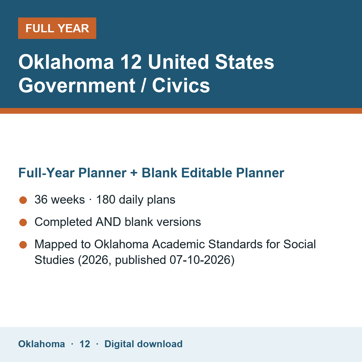 Cover of the Oklahoma Grade 12 United States Government / Civics full-year teacher planner
