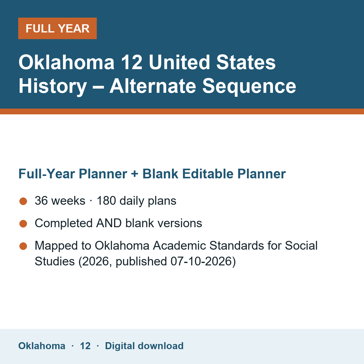 Cover of the Oklahoma Grade 12 United States History – Alternate Sequence full-year teacher planner