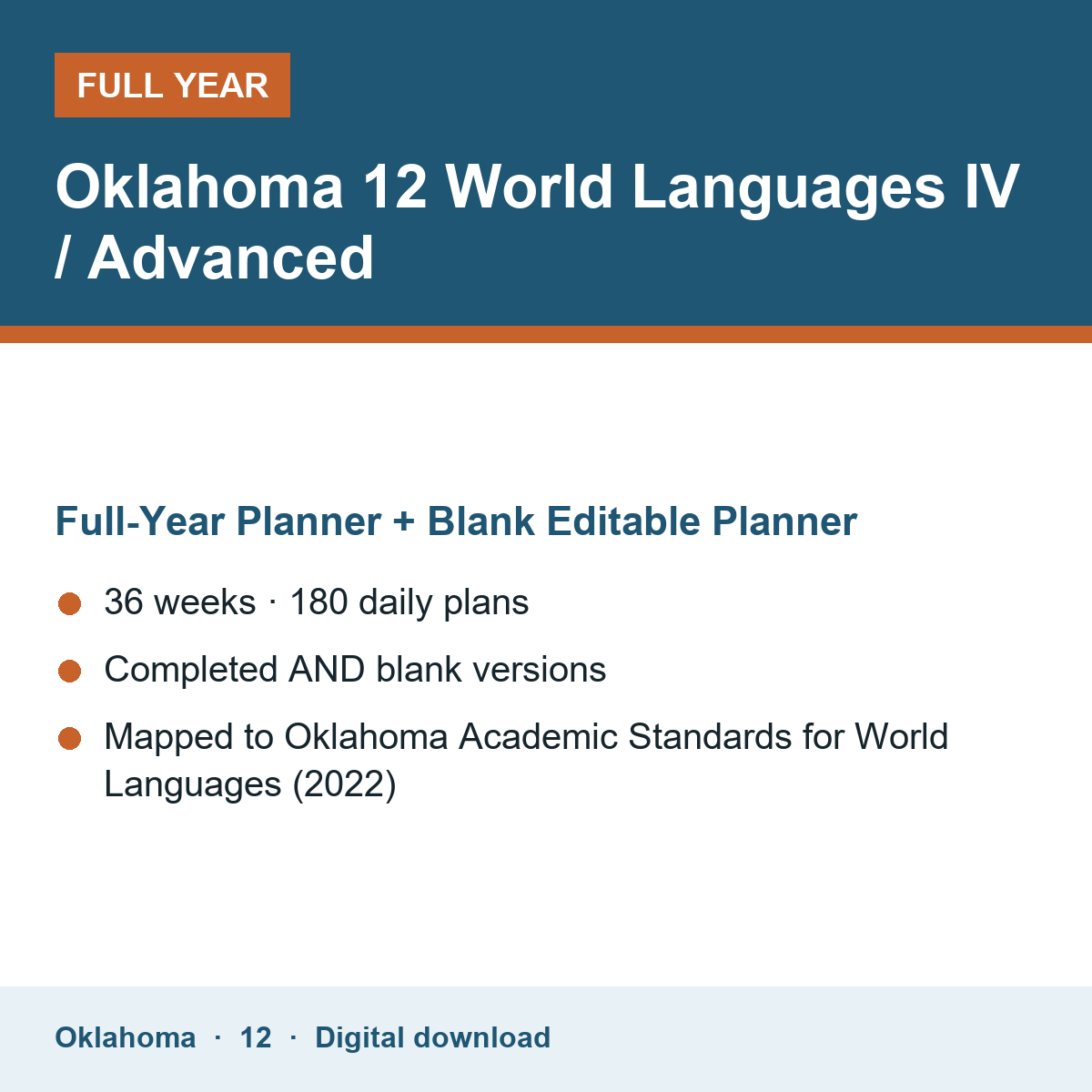 Cover of the Oklahoma Grade 12 World Languages IV / Advanced full-year teacher planner