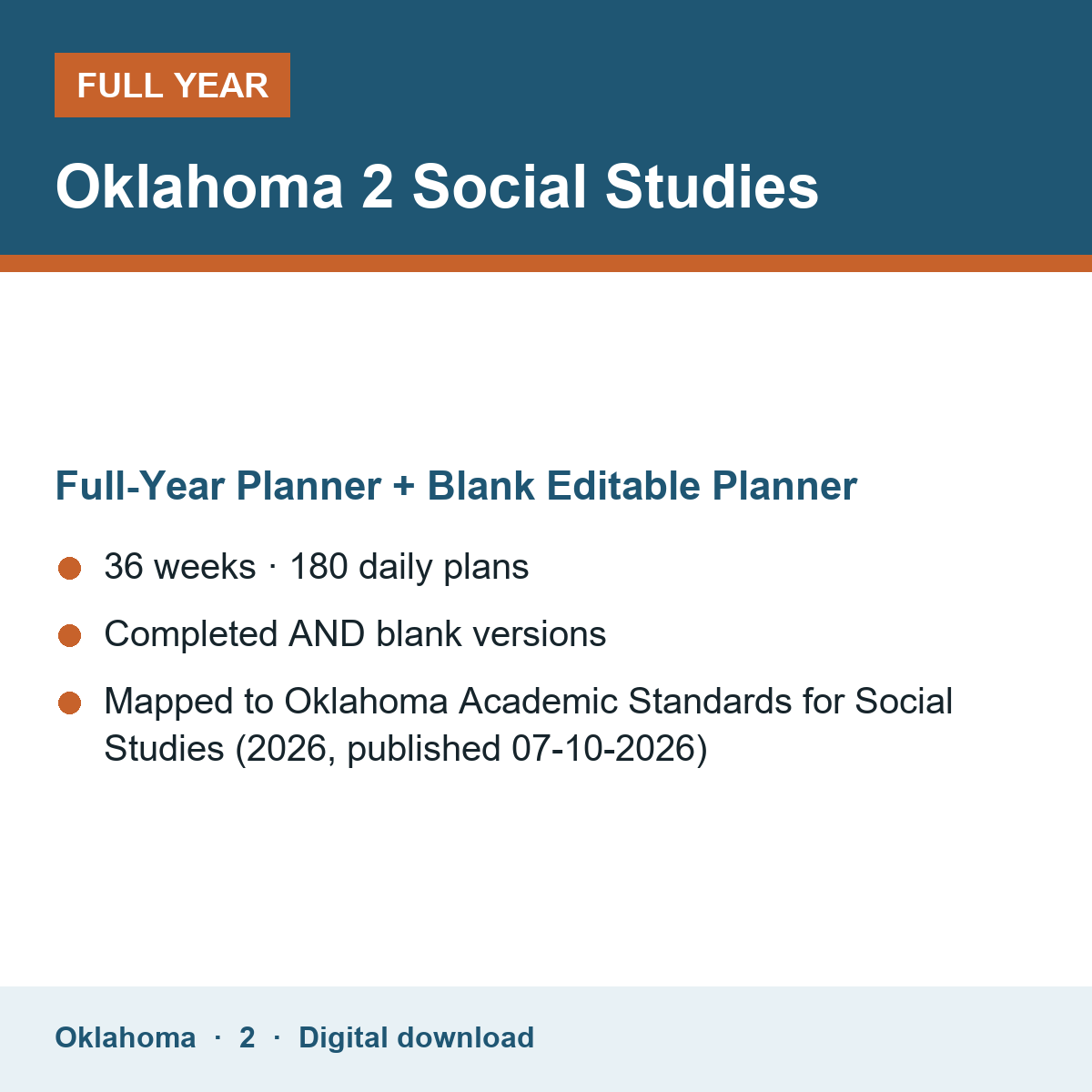 Cover of the Oklahoma Grade 2 Social Studies full-year teacher planner