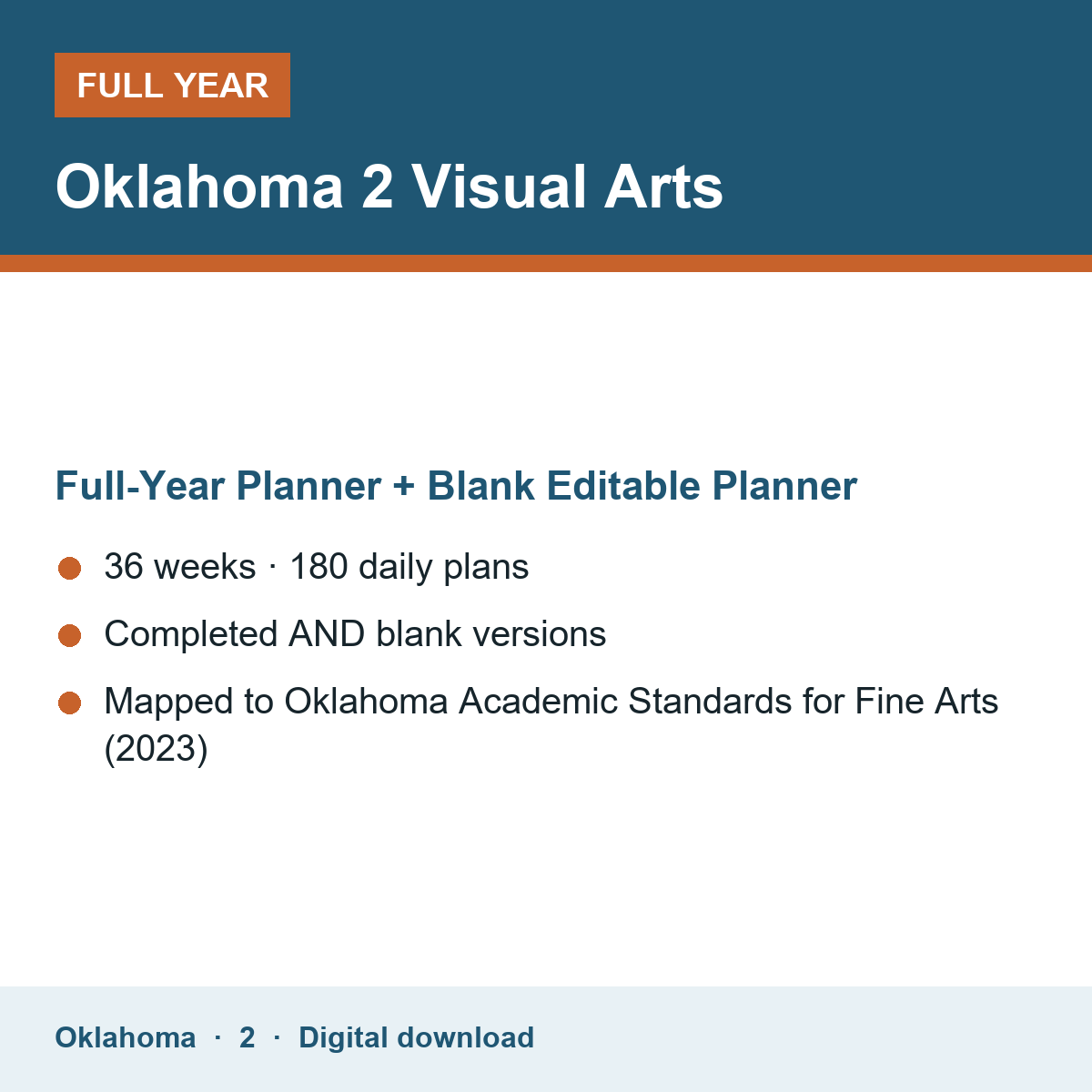 Cover of the Oklahoma Grade 2 Visual Arts full-year teacher planner