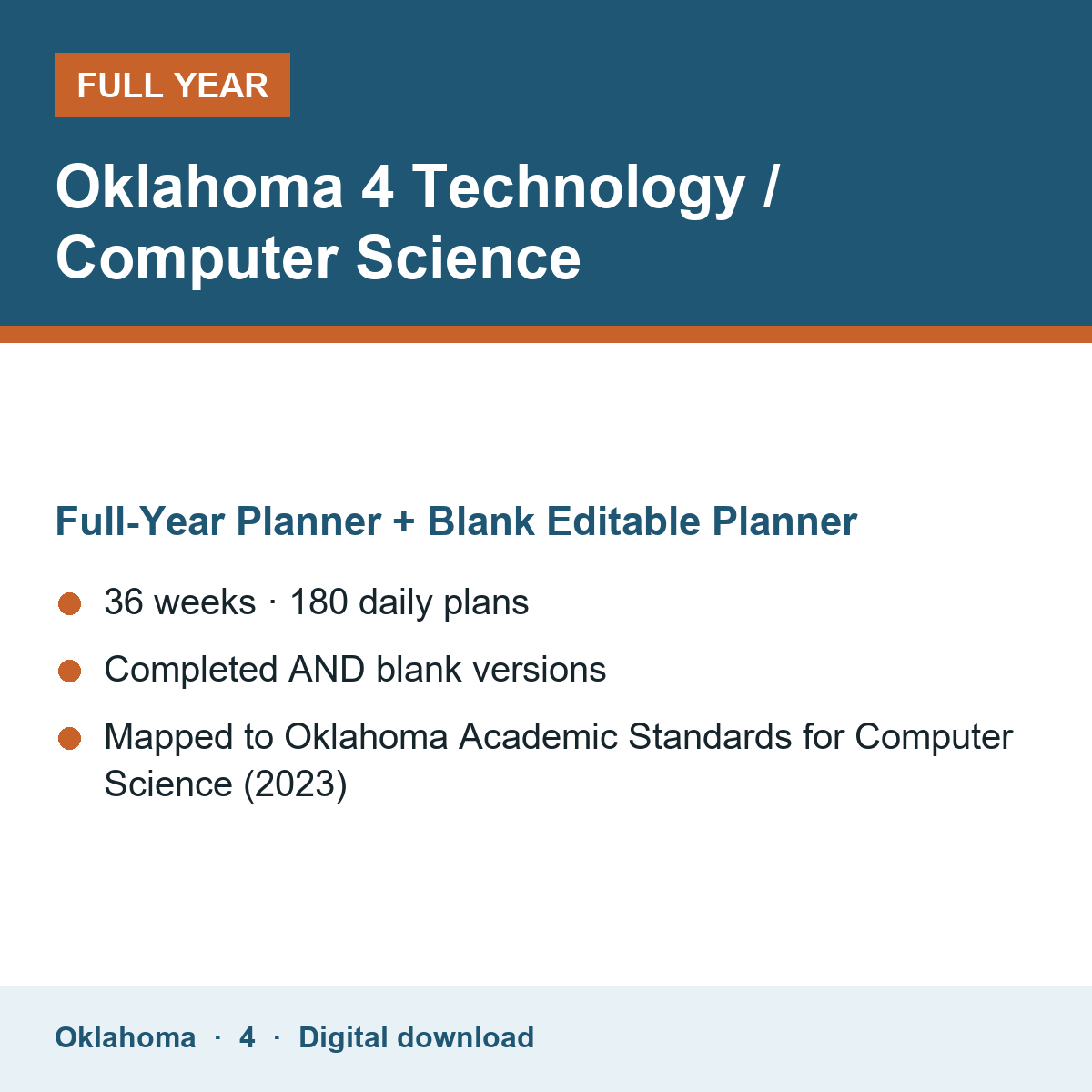 Cover of the Oklahoma Grade 4 Technology / Computer Science full-year teacher planner