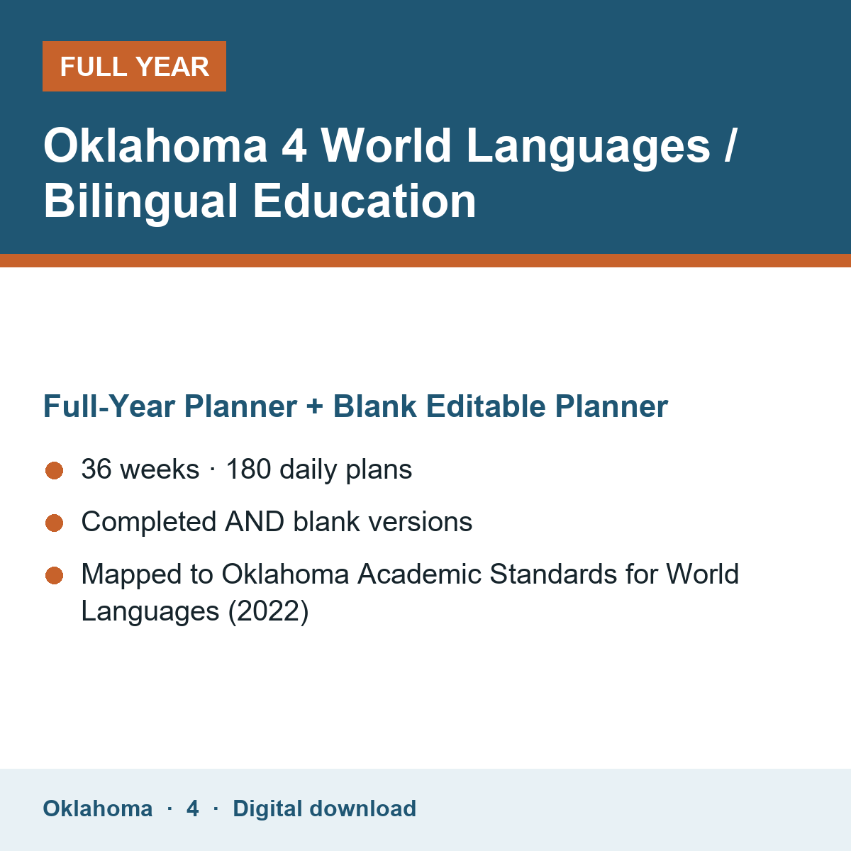 Cover of the Oklahoma Grade 4 World Languages / Bilingual Education full-year teacher planner