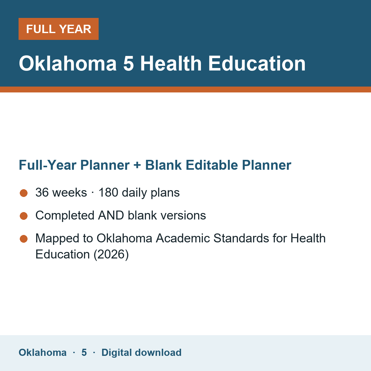 Cover of the Oklahoma Grade 5 Health Education full-year teacher planner