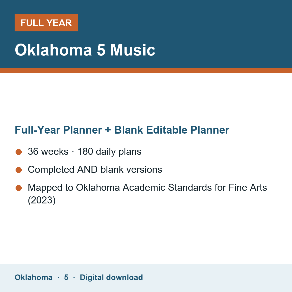 Cover of the Oklahoma Grade 5 Music full-year teacher planner