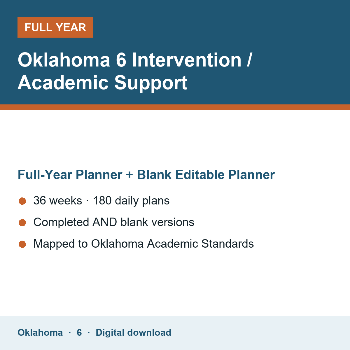 Cover of the Oklahoma Grade 6 Intervention / Academic Support full-year teacher planner